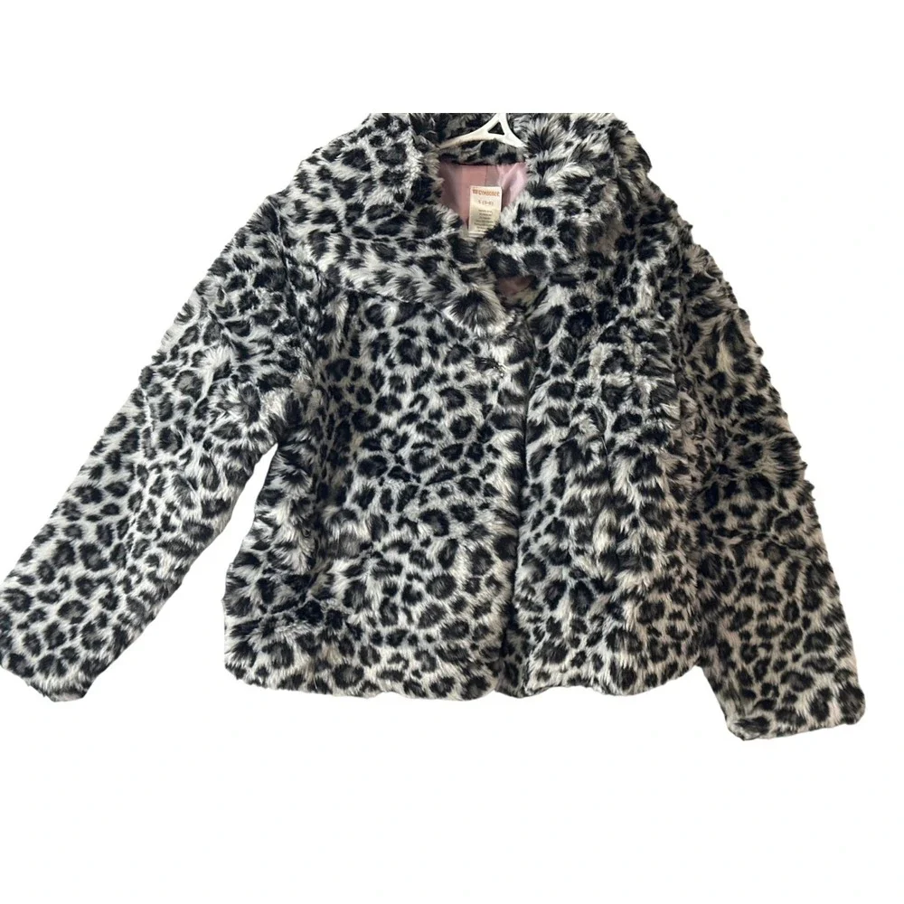 Girls Gymboree Faux Fur Leopard Print Coat With Rhinestone Button Size 5-6 Black